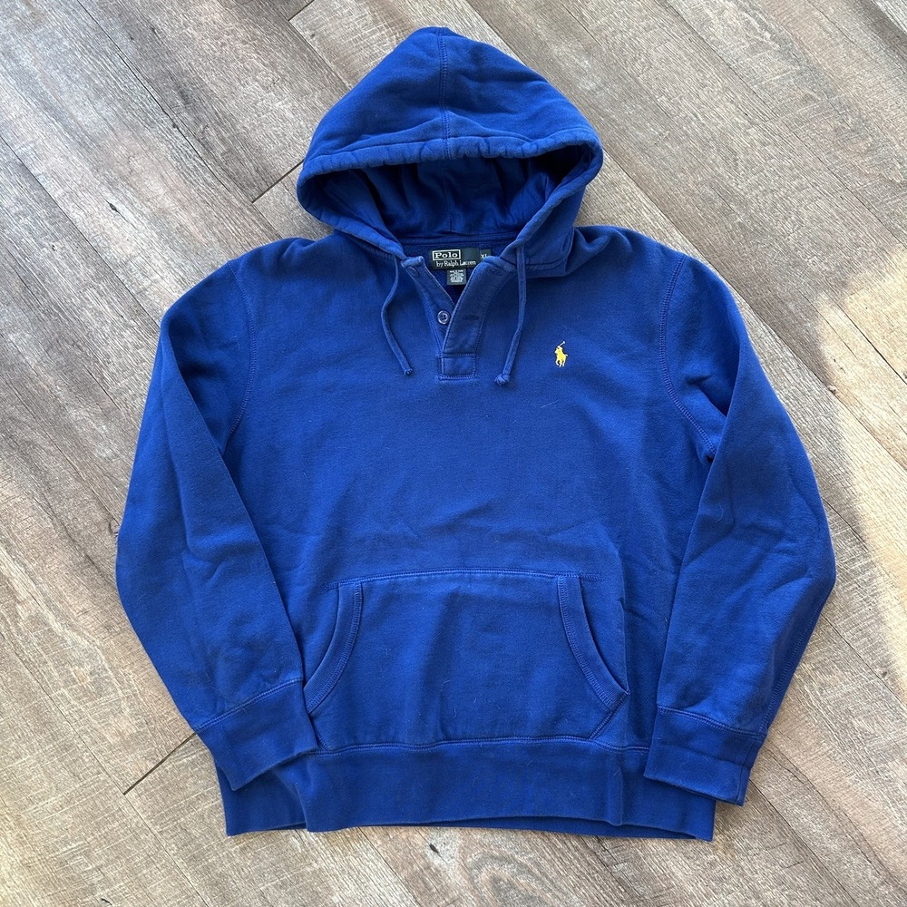 Polo Ralph Lauren XL Button Hoodie Pullover Royal Blue Vintage Yellow Pony Y2K